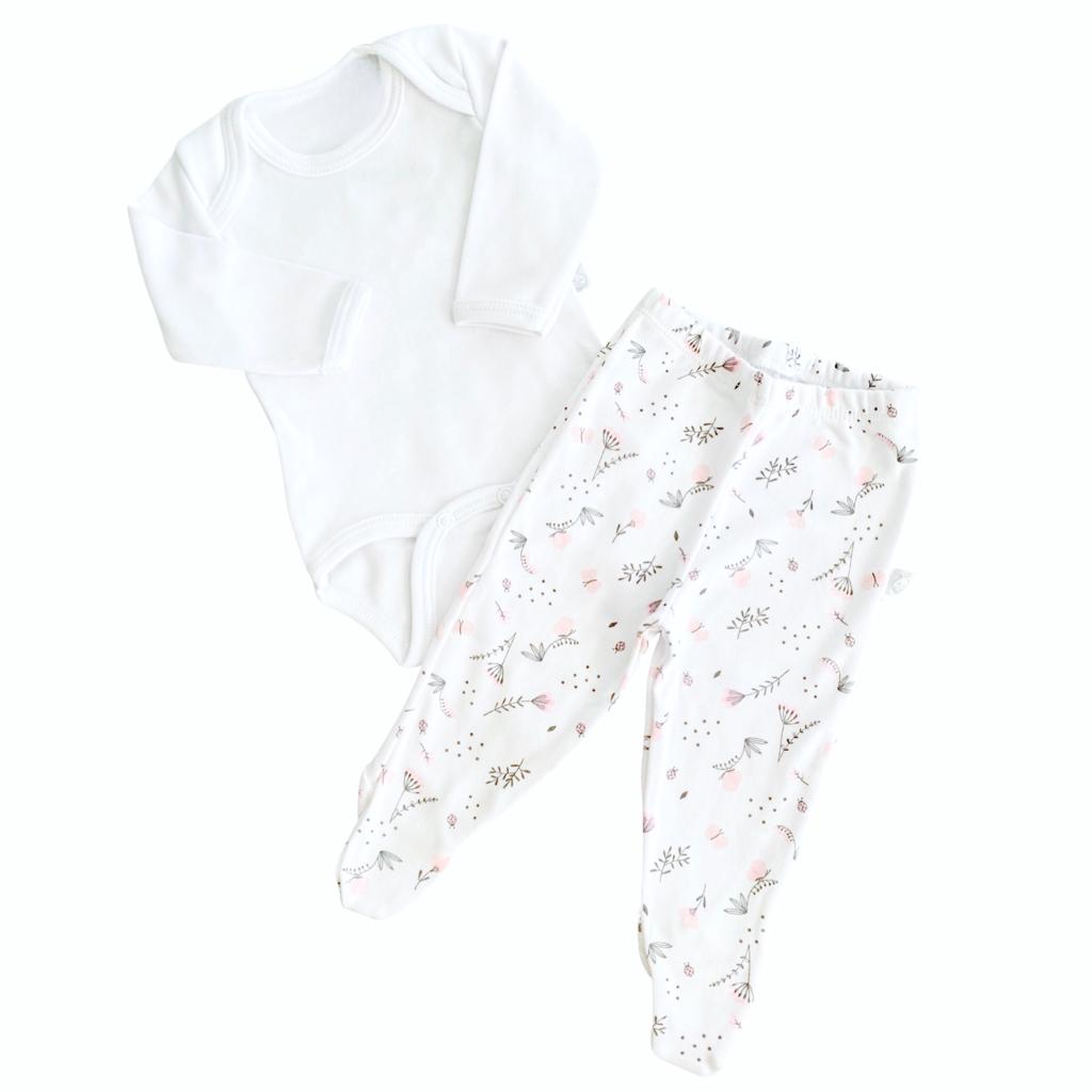 Conjunto 2 peças body liso e calça estampada - Branco/Floral, P (de 0 a 3 meses)